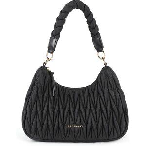 Women Black Puffy Cute Purse ith Woven Top Handle Quilted Crescent Hobo Handbag